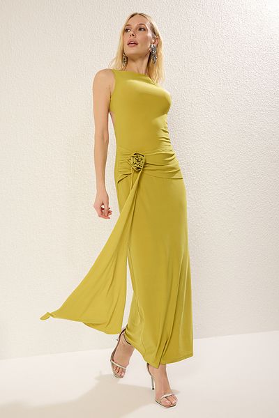 Trendyol Collection Oil Green Rose Detailed Knitted Stylish Maxi Evening Dress Night Dress