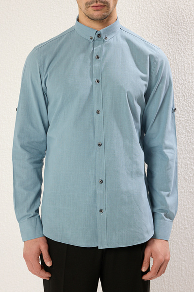 Trendyol Collection Kék Slim Fit pamut ing epaulettekkel - TMNSS20GO0189