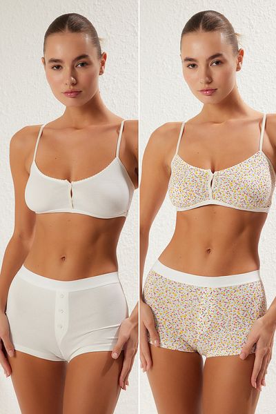 Trendyol Collection 2-teilige Boxershorts aus Baumwolle mit Blumendruck – Knopfdetail THMSS25KU00027