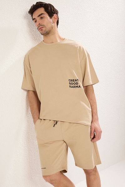 Trendyol Collection Trening bărbați din bumbac bej - Potrivire relaxată, text imprimat TMNSS23EM00001