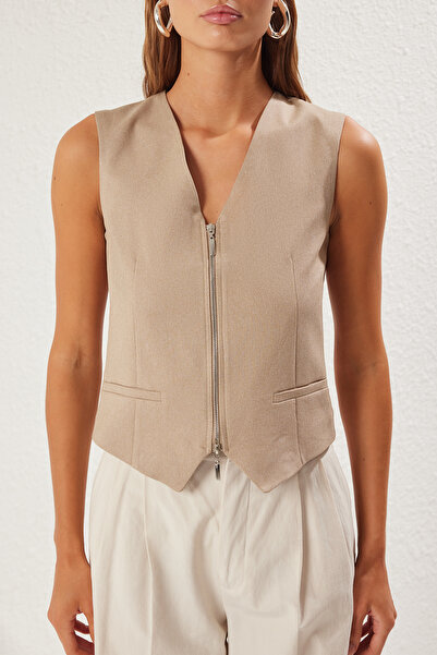Trendyol Collection Mink Regular V-Neck Zipper Detail Regular Woven Vest Twoss25Ye00094
