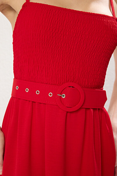 Trendyol Collection Red Straight Hem Waist Opening Midi Woven Dress Twoss21El1929