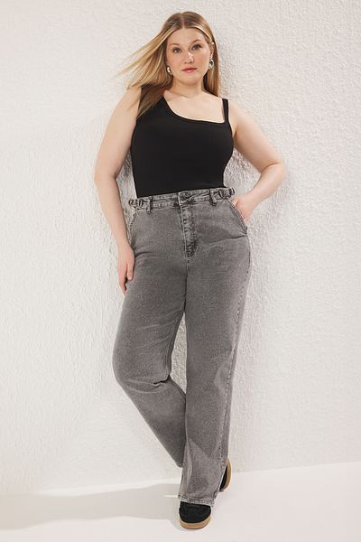 Trendyol Curve Graue Jeans mit hoher Taille, verstellbarer Taille, gerade Passform, Übergröße, TBBSS25CJ00010