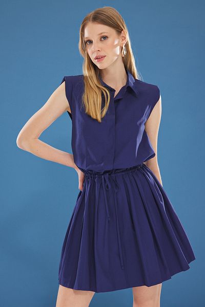 Trendyol Collection Μπλε μπλέ φούστα με πιέτες πουκάμισο γιακά μίνι υφαντό φόρεμα TWOSS25EL00222