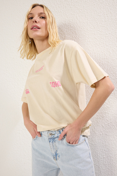 Trendyol Collection Stone Premium 100% Thick Cotton Back and Front Printed Oversize/Wide Fit Knitted T-Shirt Twoss25Ts00072