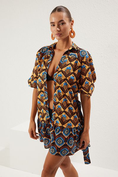 Trendyol Collection Ethnic Print Mini Woven Balloon Sleeve Beach Dress Tbess25El00035