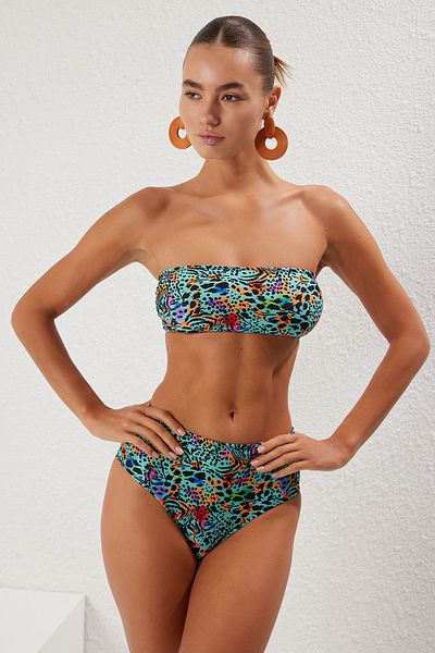 Trendyol Collection Grün-Mehrfarbenes, trägerloses Tier-Taucher-/Scuba-Bikini-Set mit hoher Taille