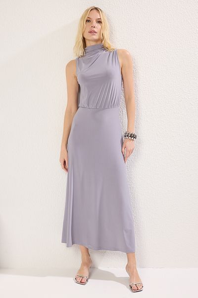 Trendyol Collection Light Grey Stretchy Draped Maxi Knitted Dress - Stand Collar Twoss25El00381