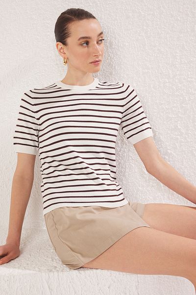 Trendyol Collection Thin Viscose Blend Bone Stripe Knitwear Blouse - Twoss25Bz00488