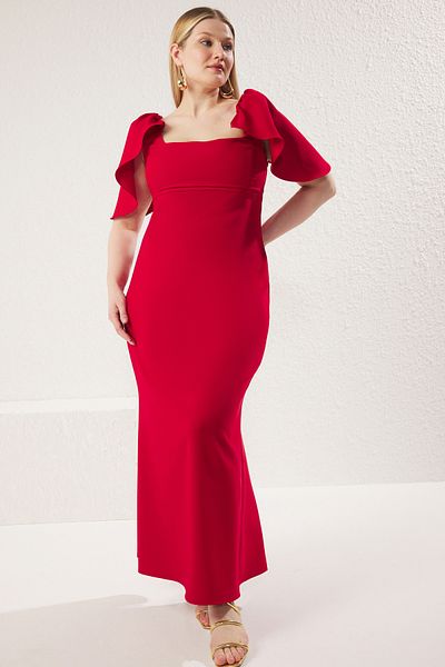 Trendyol Curve Κόκκινο Finike Woven Φόρεμα Plus Size