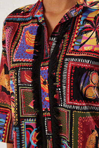 Trendyol Collection Barna-többszínű gyümölcsmintás bojtos Voile ing TBESS20GO0163