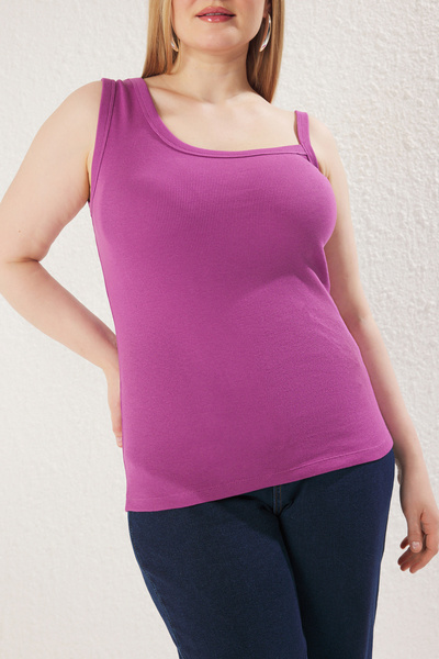 Trendyol Curve Purple Asymmetrical Collar Body-Sitting Knitted Plus Size Tank Top Tbbss25Cv00009