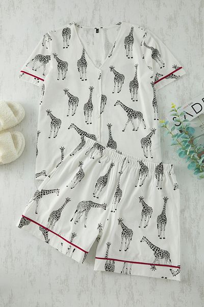 Trendyol Curve Ecru Giraffe Print Ribbed Knitted Pajamas Set Tbbss25Ai00024
