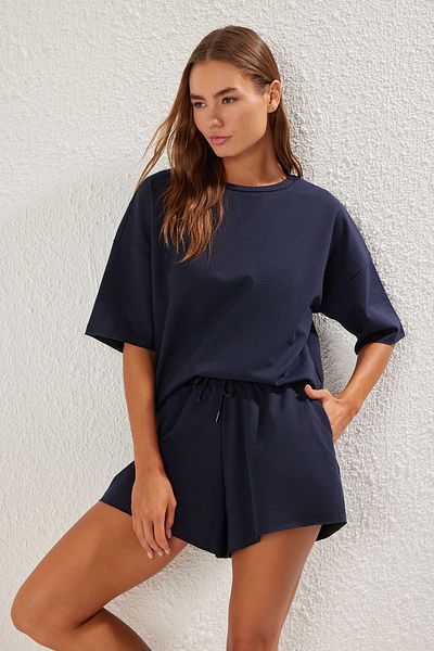 Trendyol Collection Sötétkék túlméretezett vékony, rugalmas alsó-felső szett - Magic Shorts, TWOSS25AU00013