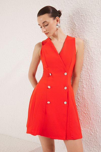 Trendyol Collection Red Buttoned Mini Woven Jacket Dress Twoss25El00117