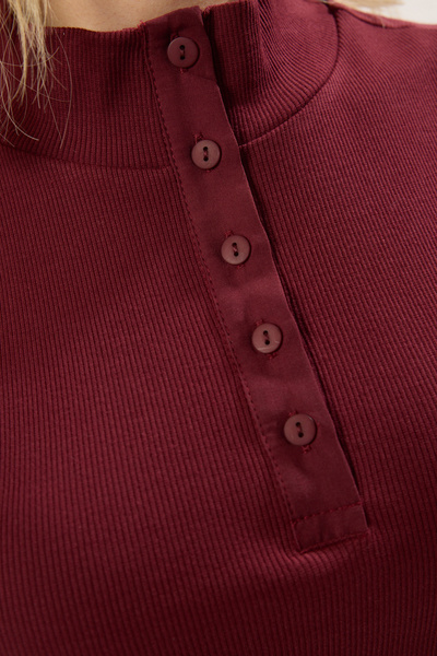 Trendyol Collection Stretchy Ribbed Burgundy Knitted Blouse with Stand Collar and Buttons - Twoss25Bz00228