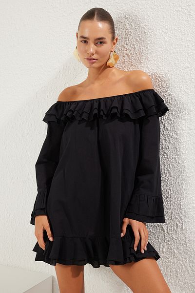 Trendyol Collection Czarna mini sukienka plażowa z falbanką Tbess25El00092