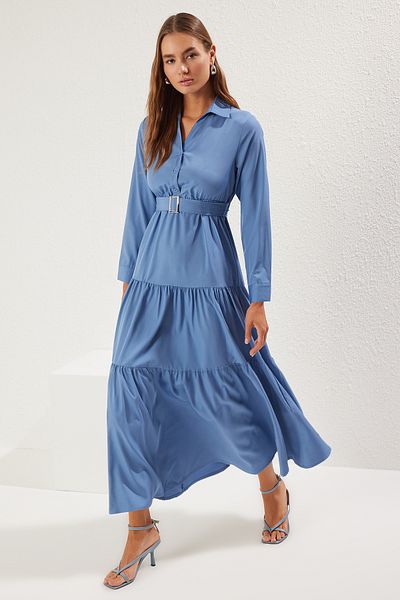 Trendyol Modest Indigo Belt a Line/Bell Cut Maxi Knitted Dress Tctss25El00002