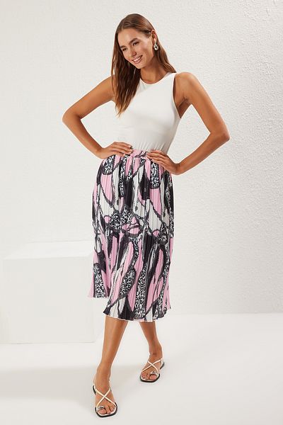 Trendyol Collection Pink Print a Line/Bell Cut Pleated Midi Skirt Twoss25Et00059