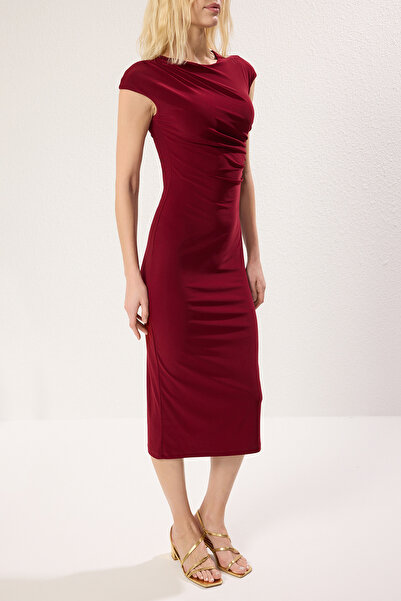 Trendyol Collection Rochie tricotată midi elastică, cu mâneci de lună, drapată pe corp TWOSS25EL00369