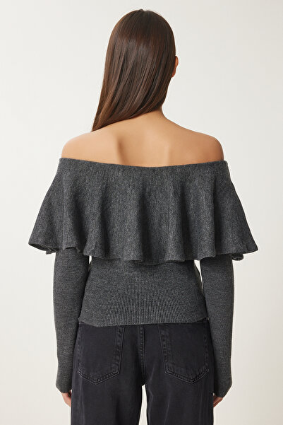 Lovelyİstanbul Carmen Collar Flounce Knitwear Blouse - Anthracite Lus0076