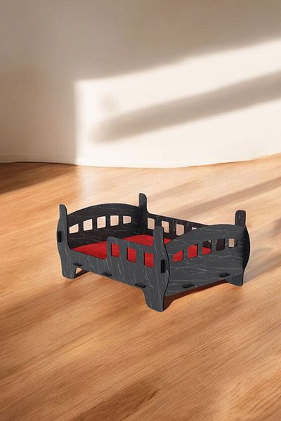 Evene Black Marble Colored Large Cat Bed - Wooden Durable Crib Bed Frame Model