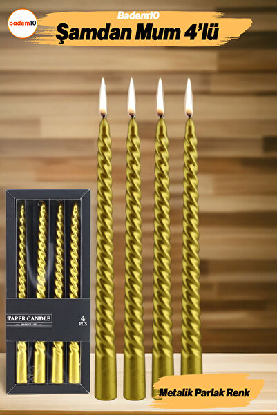 Badem10 Şamdan Mum Burgulu 4'lü Metalik Boya Altın Gold Dekoratif Mumu Kandil...