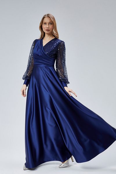 Asees Women's Evening Dress and Graduation Double Breasted Neckline Dress Satin Fabric and Pearl Beaded Tulle Evening Dress