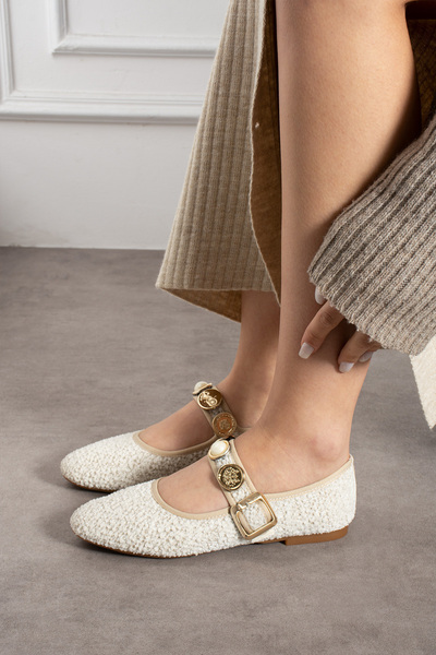 ecru shoes Beige Colored Rug Patterned Ballerinas - 1.5 cm Heel Detailed Ball...