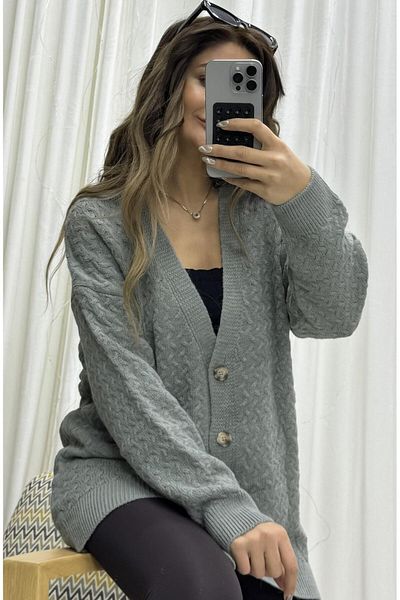 Daves Basic V-Neck Self-Patterned Long Sleeve Women's Knitwear Cardigan-Khaki
