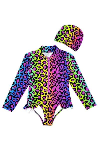 Lolliboomkids Colorful Suit Bodysuit for Girls - Long Sleeve, Sunscreen, Ruffle Swimsuit + Bonnet