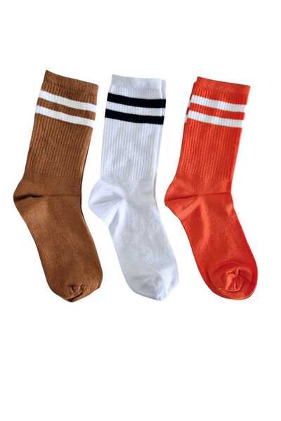 Butik Unısex Renkli Çizgili Bambu Spor Çorap 3'lü
