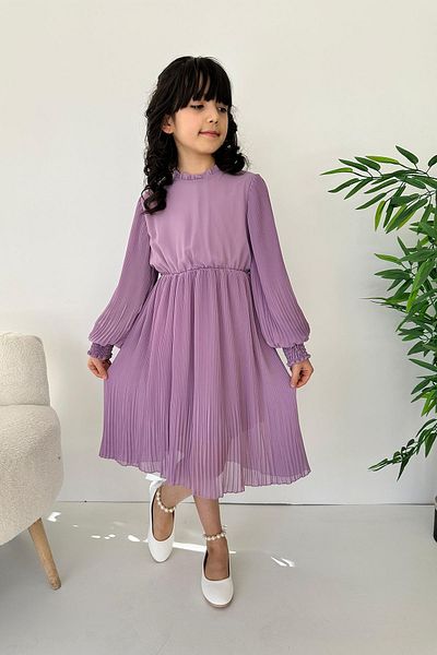 Minigimin Cicileri Flowers of My Toddler Pleat Tulle Lined Girl's Dress - Lilac