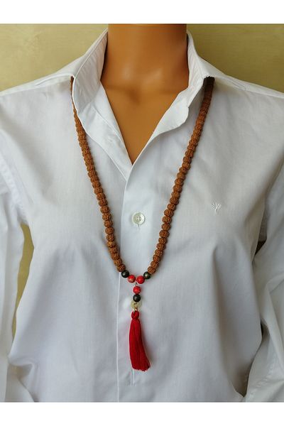 LemaStone 108 Rudraksha Seeds and Green Pyrite Natural Stone + Red Varicose Stone Necklace