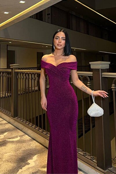 Mossta Purple Glitter Madonna Neckline Long Slit Evening Dress