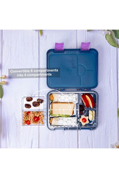 Eazy Kids صندوق غداء بينتو قابل للتحويل بسعة 6 و4 قطع مع مجموعة قطع الساندويتش - محبو يونيكورن باللون الأزرق