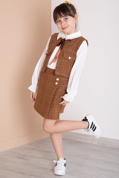 Cansın Mini Brown Bow Vest, Button Detailed Shorts and Skirt, Girl's 3-Piece Set 20317