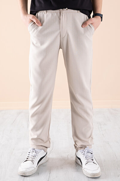Cansın Mini Krem Erkek Çocuk Çizgili Duble Paça Jogger Pantolon 20046