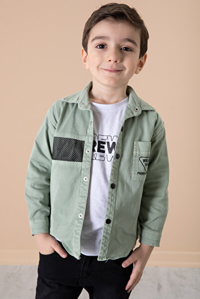 Cansın Mini Boy's Green Crew Shirt 2-Piece Set - T-Shirt and Mesh Detail 20085