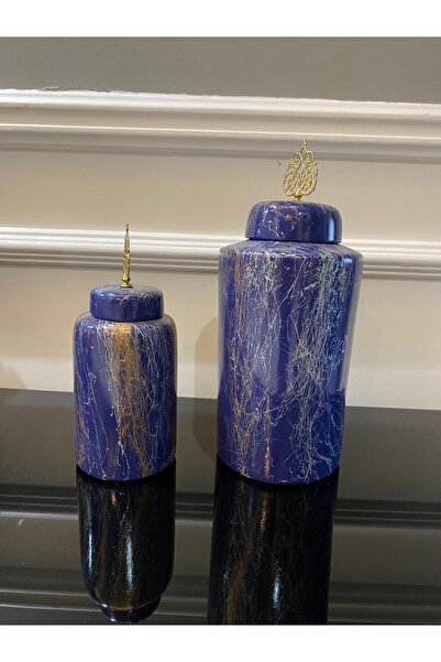 SZN DEKOR İkili mavi mermer görünümlü silindir vazo, masa üstü dekoru dresuar...