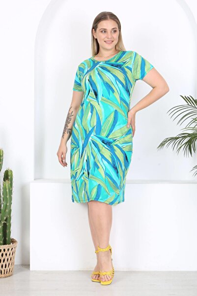 Mooi XXL Rochie midi de damă cu model frunze verzi albastre