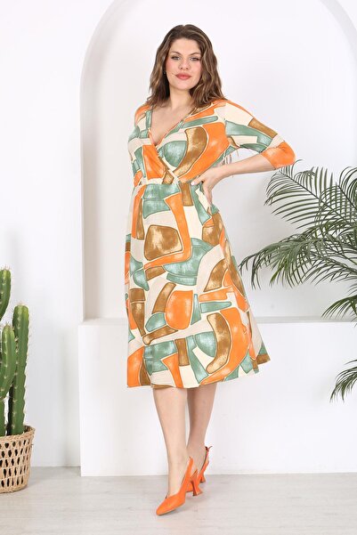 Mooi XXL Orange Green Stretch Waist Plus Size Dress - Geometric Pattern and Double Breasted Collar