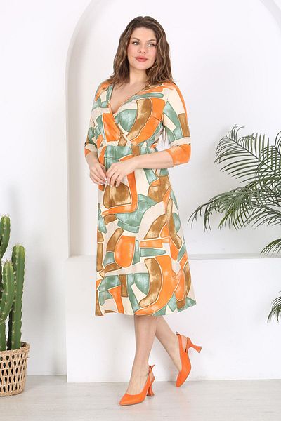 Mooi XXL Πορτοκαλί Πράσινο Φόρεμα Stretch Waist Plus Size - Γεωμετρικό σχέδιο και λαιμόκοψη με διπλό στήθος
