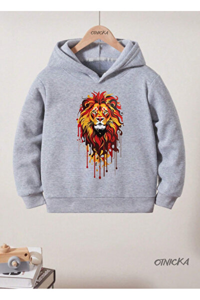 OTNICKA Grey Lion Printed Cotton Kids Sweatshirt Hoodie