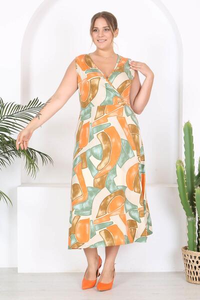 Mooi XXL Orange Green Geometric Print - Sleeveless Double Breasted Maxi Dress, Plus Size