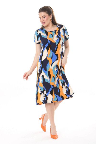 Mooi XXL Women's Blue Orange Asymmetrical Pattern Midi Dress