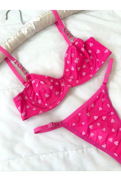 Feruzdesign Women's Pink Heart Chloei Bra Set
