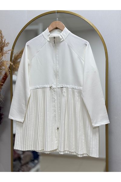 Ebrar Store Nefise Waist Pleated Zip-Up Cardigan-Eu2280 White