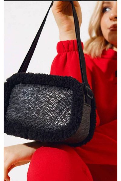 BUTİK1AVM Mini Shoulder Bag with Plush Edge, Strap Diagonal Adjustable. Arm and Shoulder Bag
