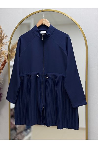 Ebrar Store Nefise Waist Pleated Zip-Up Cardigan-Eu2280 Navy